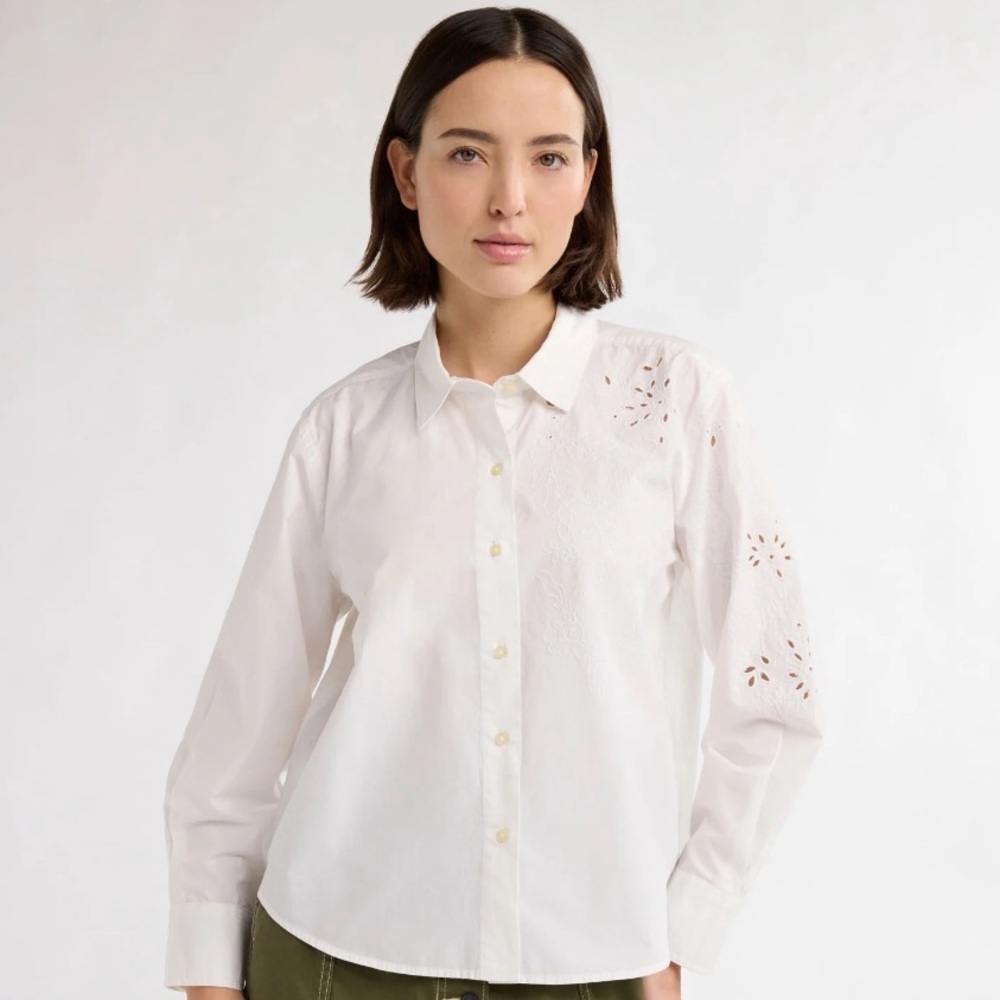 Women’s White Eyelet Long Sleeve Button-Down Shirt